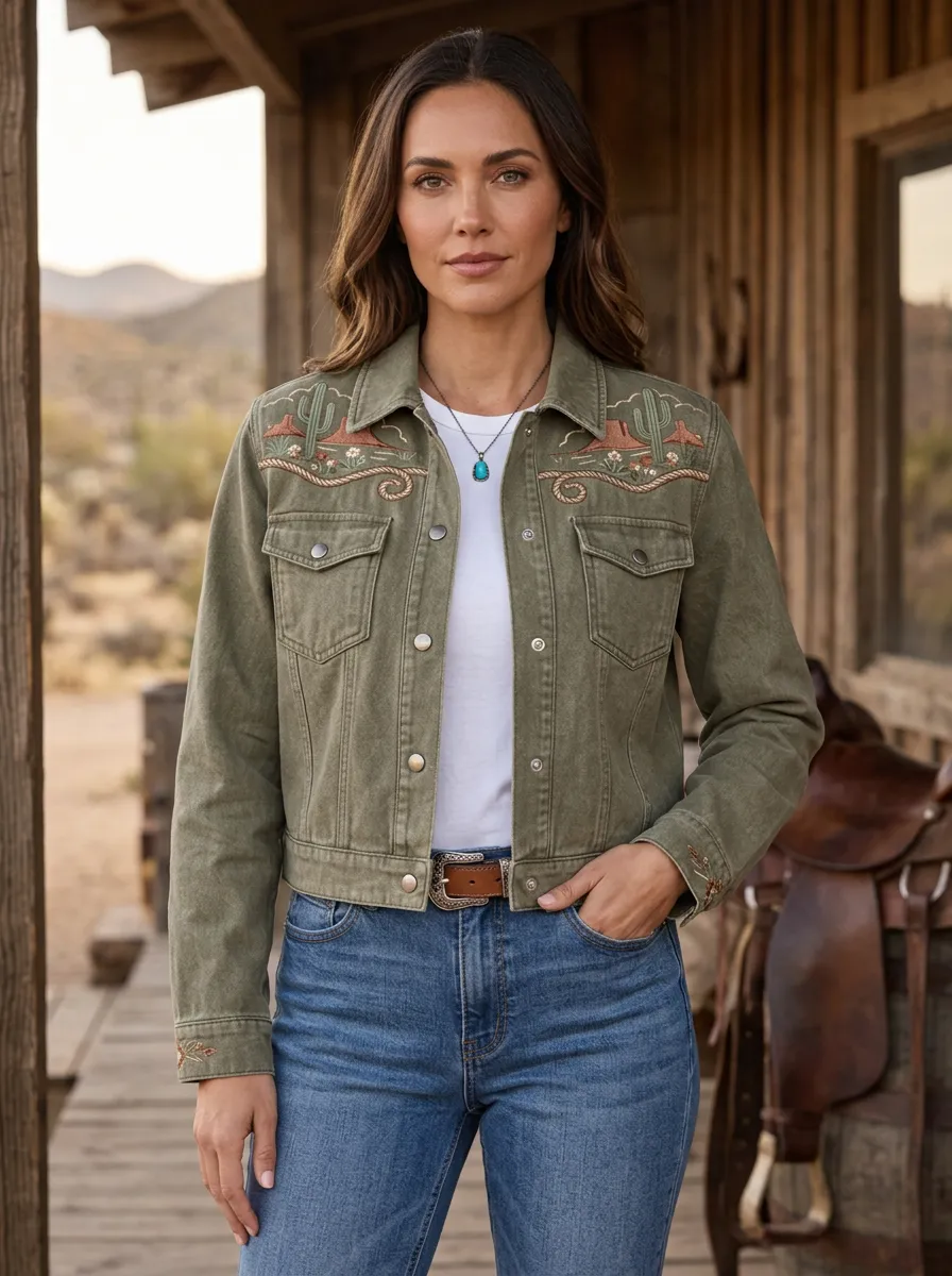 Women's Classic Western Cactus Desert Embroidered Denim Jacket