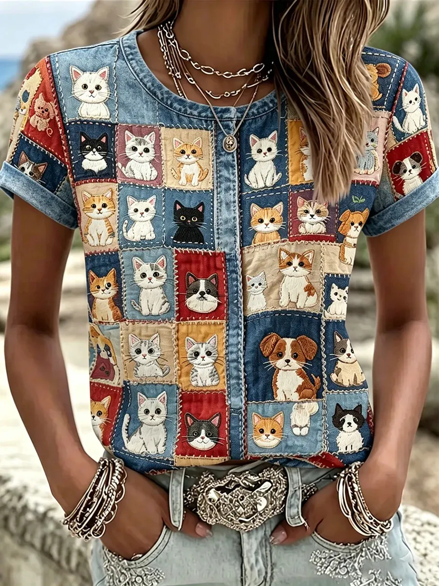 Women'S Cute Cat Art Printed Round Neck T-Shirt