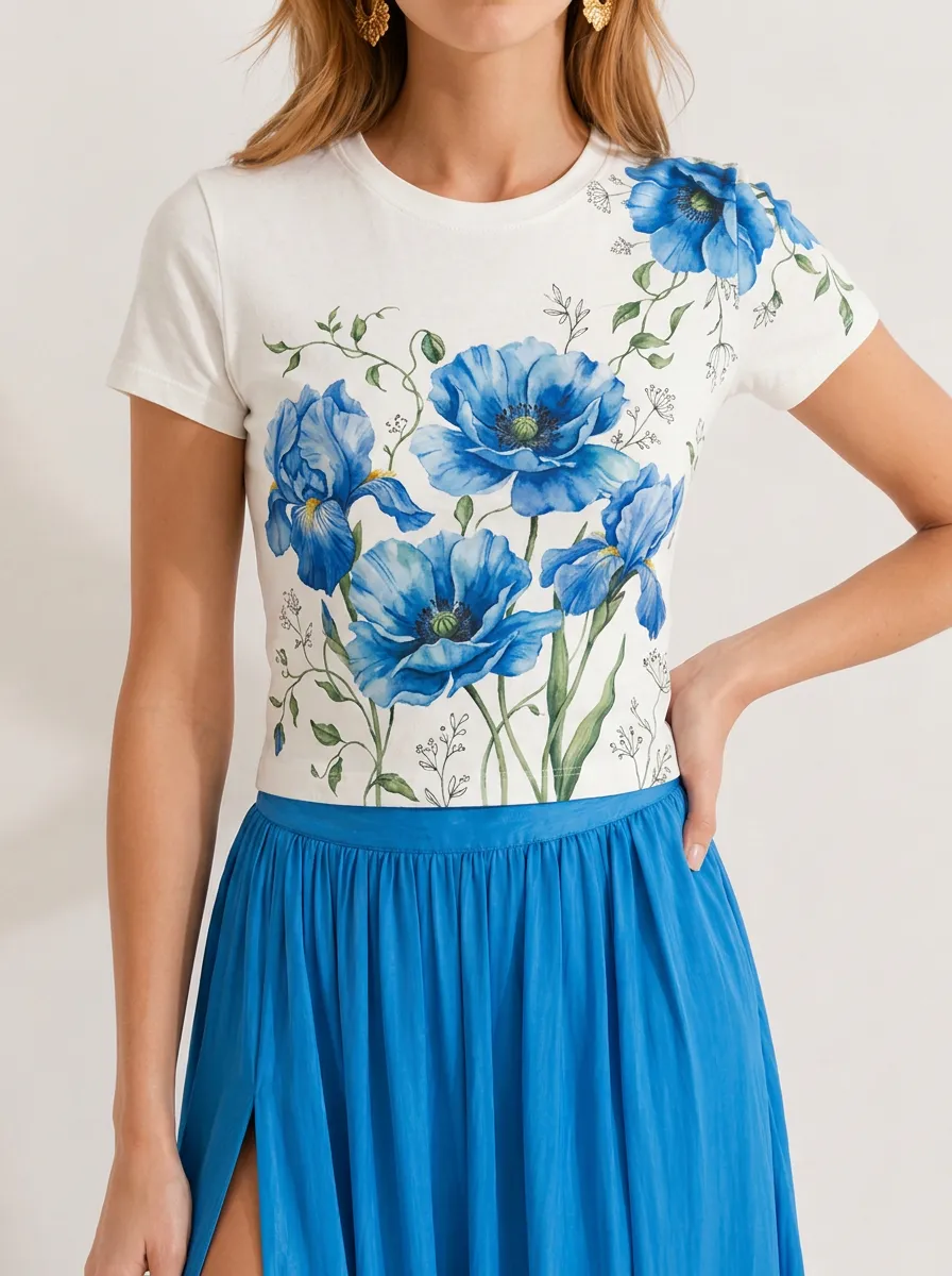 Women's Floral Lover Blue Poppy Iris Printed T-shirt