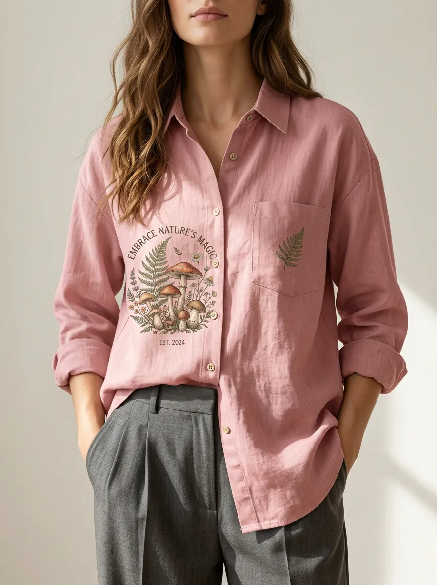 Mushroom Nature Lover Fern Button-Up Shirt