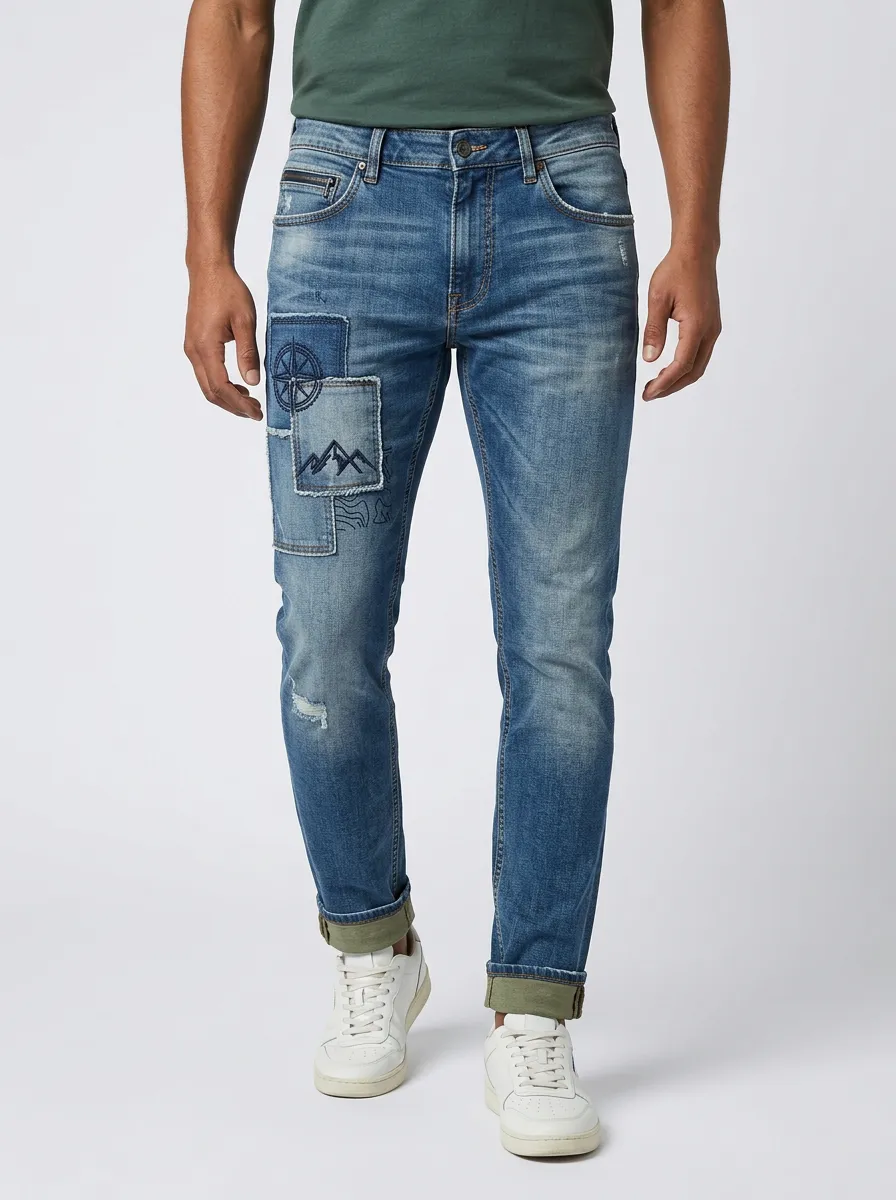 Men's Outdoor Compass Mountain Patchwork Graphic Slim-Fit Jeans