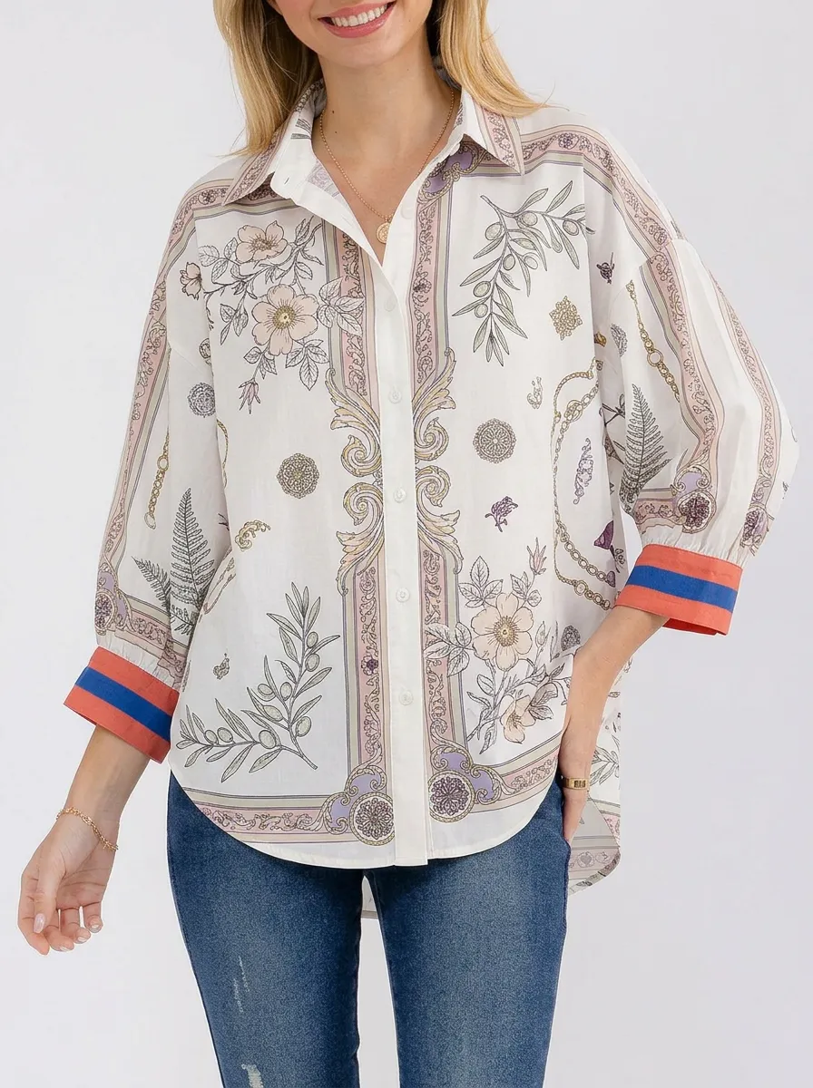 Women's Floral Botanical Chain Printed Button Down Shirt