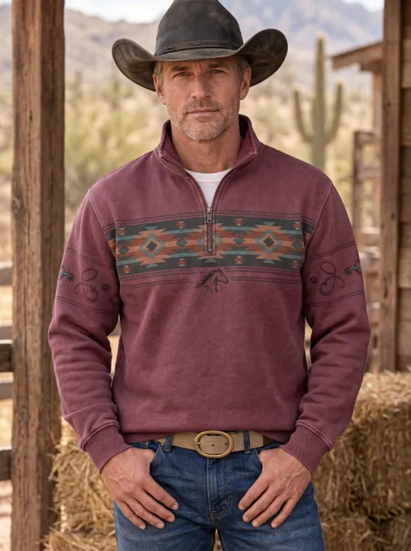 Men's Classic Western Cowboy Horse Southwestern Quarter-Zip Sweatshirt