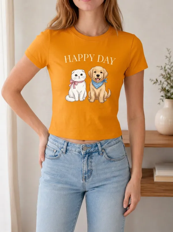 Women's Pet Lover Cat and Golden Retriever Printed T-shirt