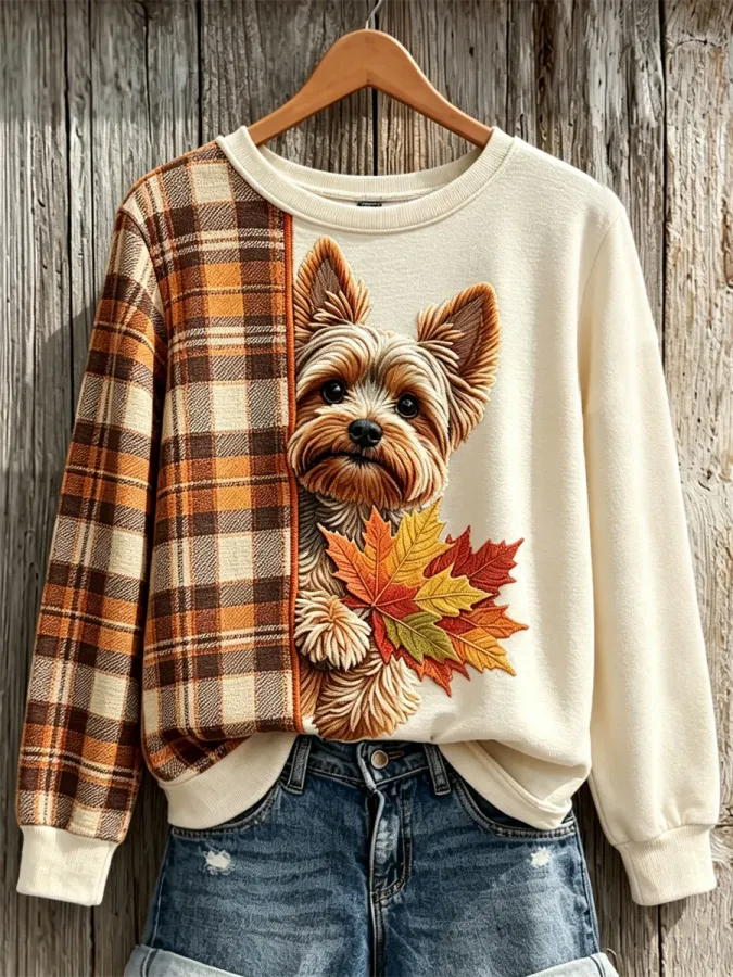 Women'S Peeking Yorkshire Terrier Dog With Maple Leaves Fall Plaid Contrast Print Sweatshirt