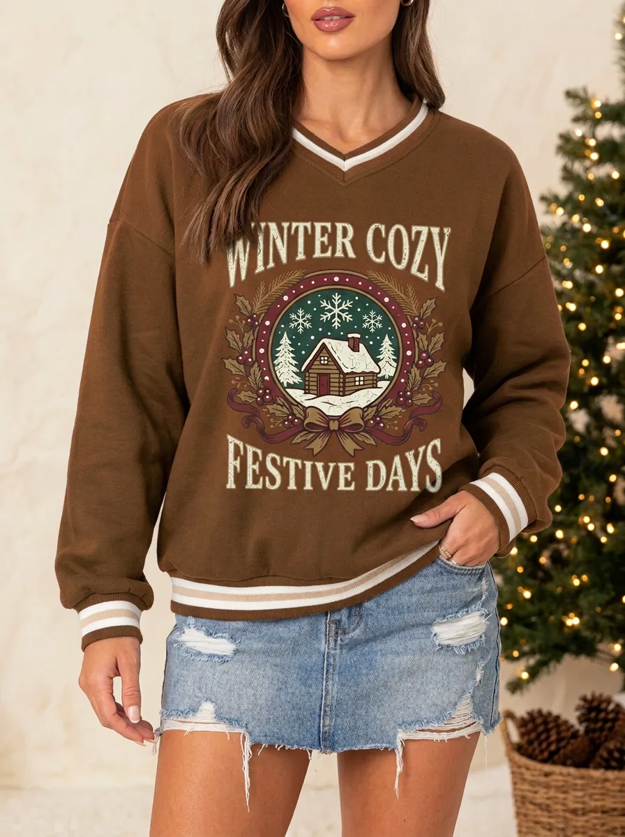 Christmas Winter Cozy Cabin Print Sweatshirt