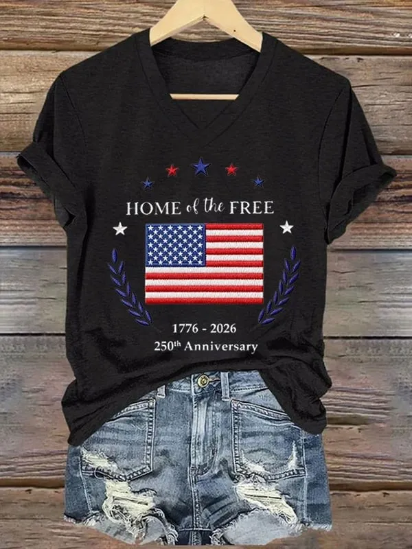 Women'S American 250Th Anniversary Flag V-Neck Short Sleeve Knitted Shirt