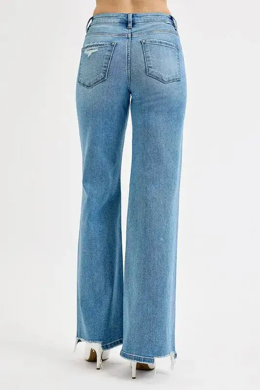 Textured Wide Leg Distressed Denim Jeans