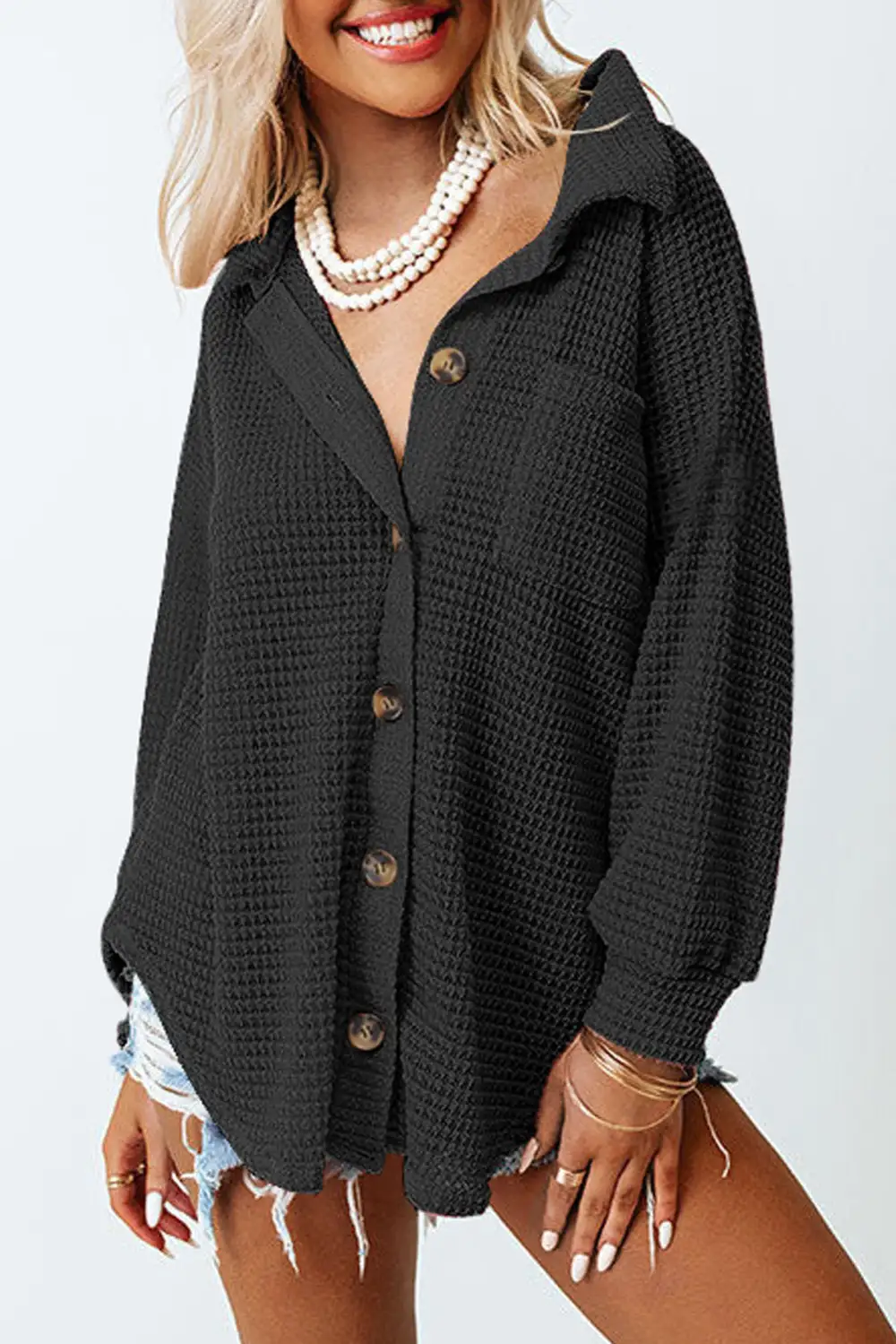Waffle Knit Button Front Blouse