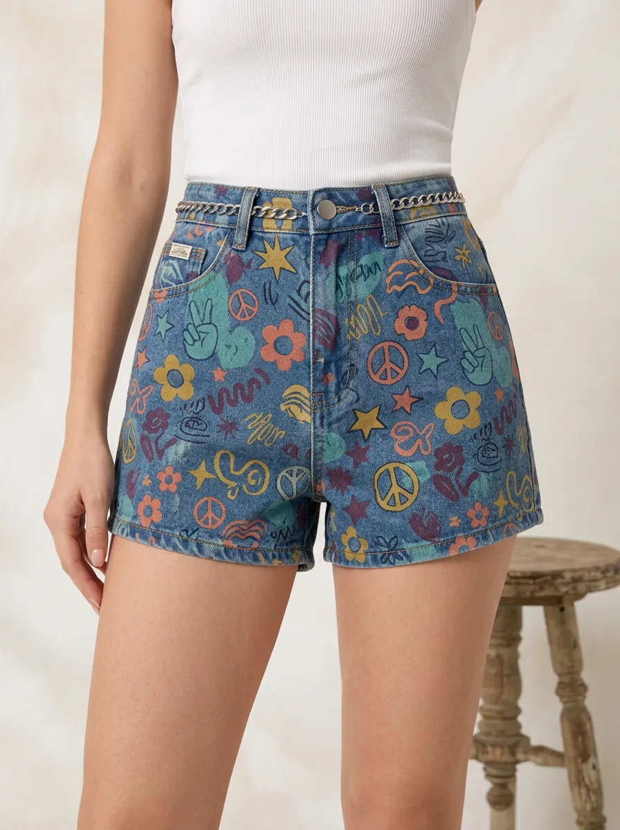 Women's Retro Hippie Peace Sign Flower Printed Denim Shorts