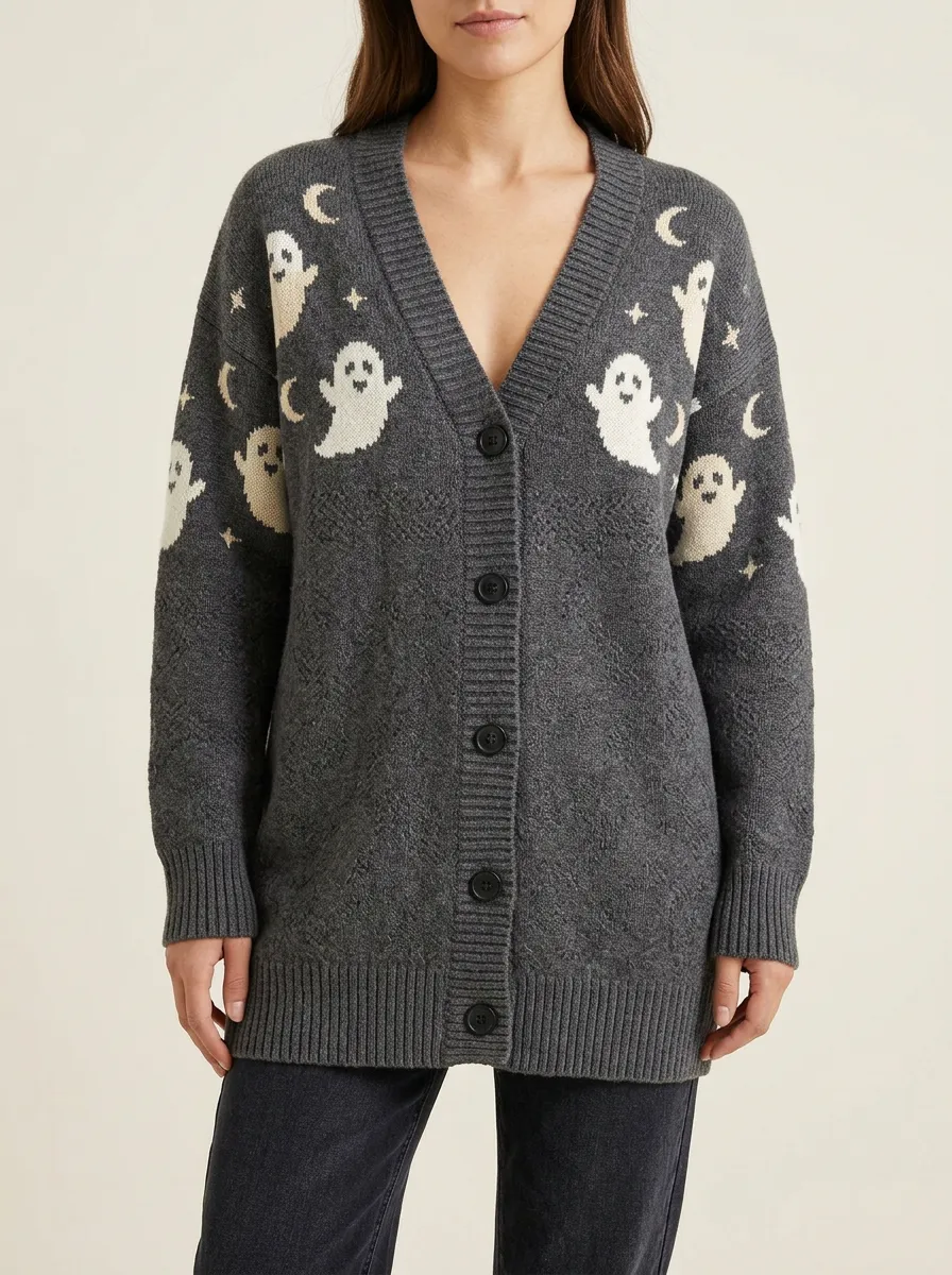 Women's Ghost Moon Halloween Print Cardigan