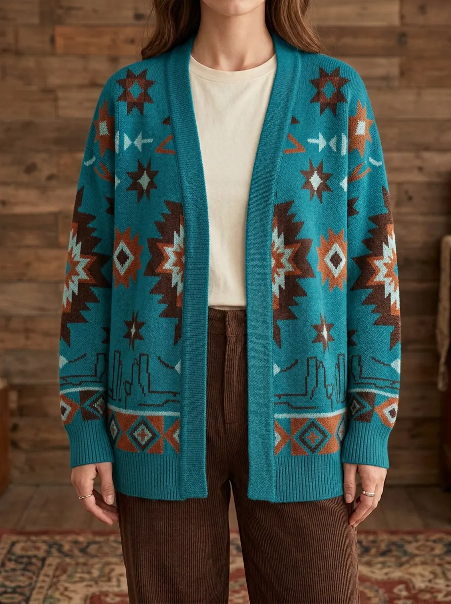 Women's Western B3 Desert Star Geometric Pattern Printed Cardigan