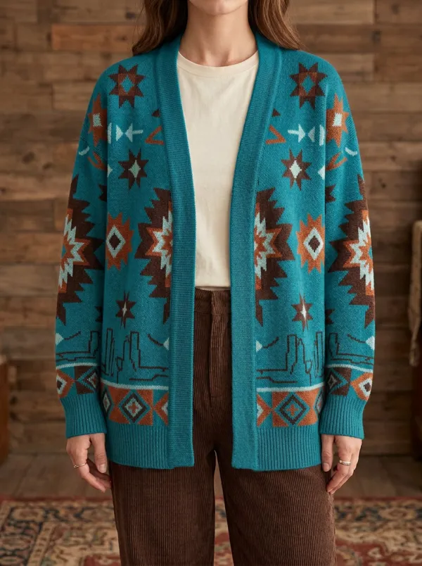 Women's Western B3 Desert Star Geometric Pattern Printed Cardigan