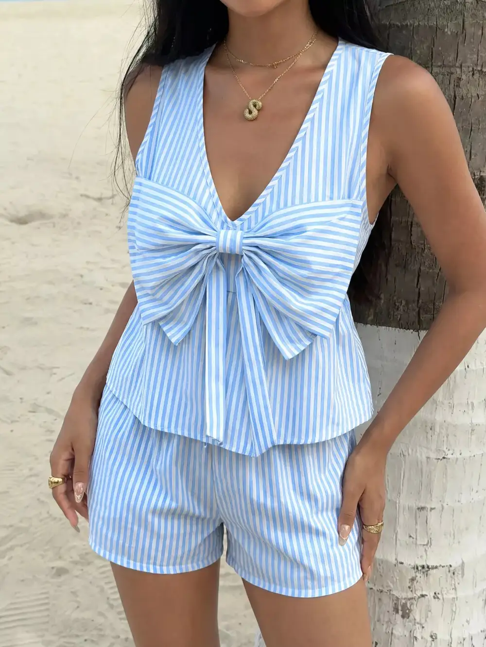Striped Bowknot Sleeveless Top Shorts Set