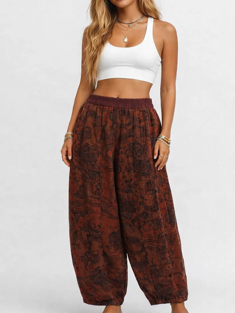 Boho Abstract Elastic Waist Barrel Leg Easy Pants