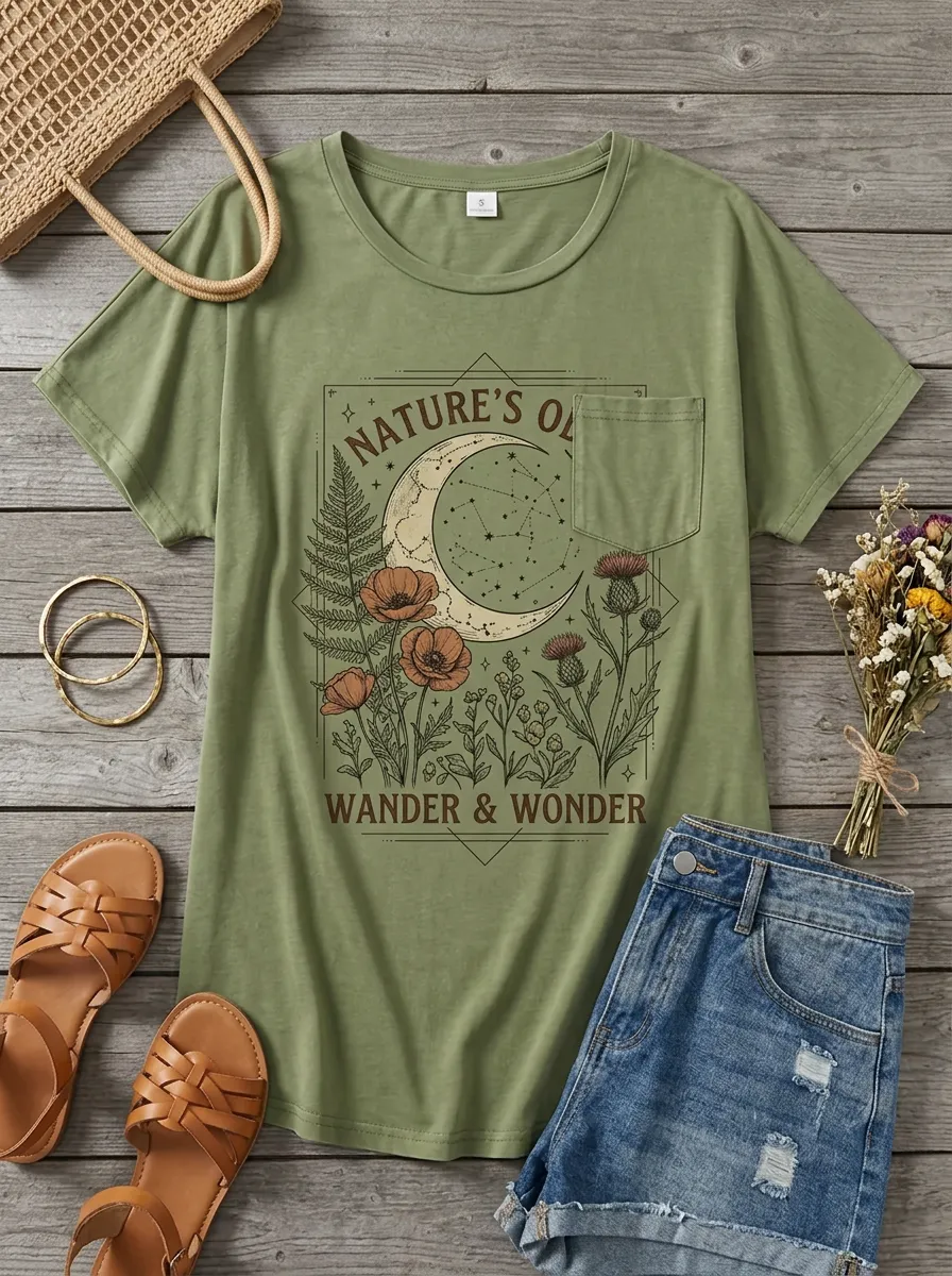 Nature Moon Floral Wander Wonder Pocket T-Shirt
