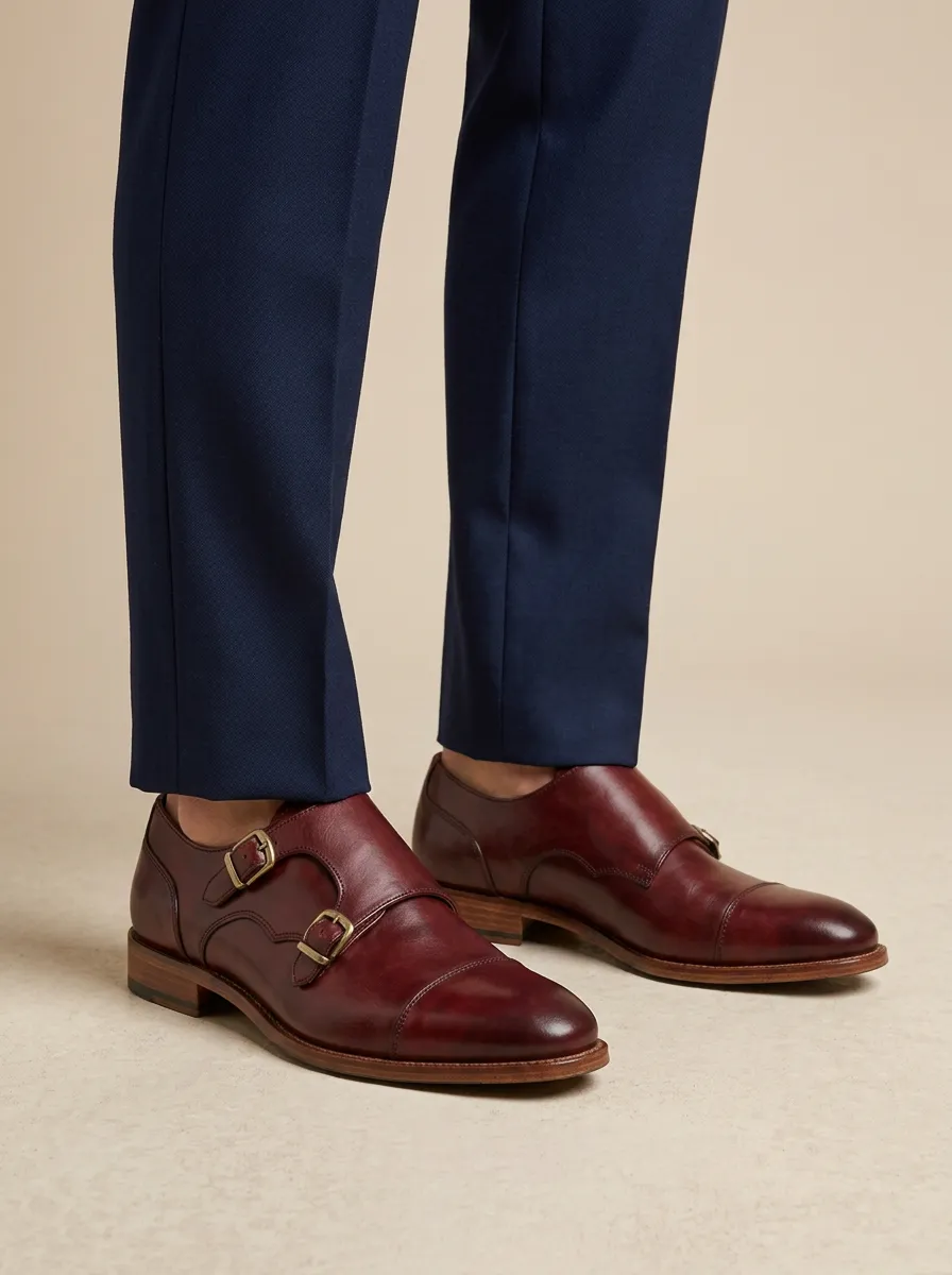 Men's Leather Double Monk Strap Dress Shoes