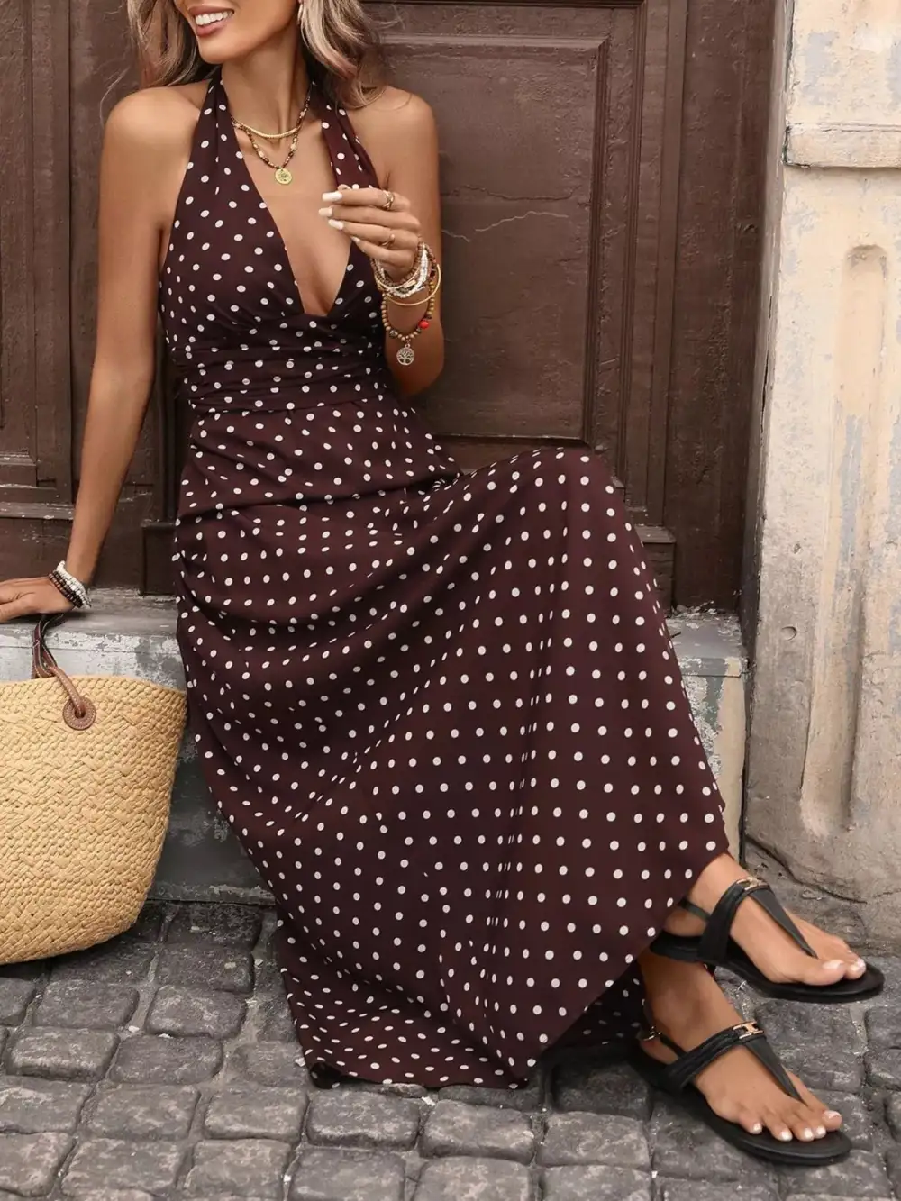Modern Halter Polka-Dot Maxi Dress