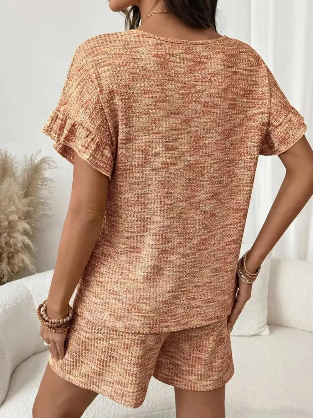Ruffle Sleeve Textured Top Shorts Set
