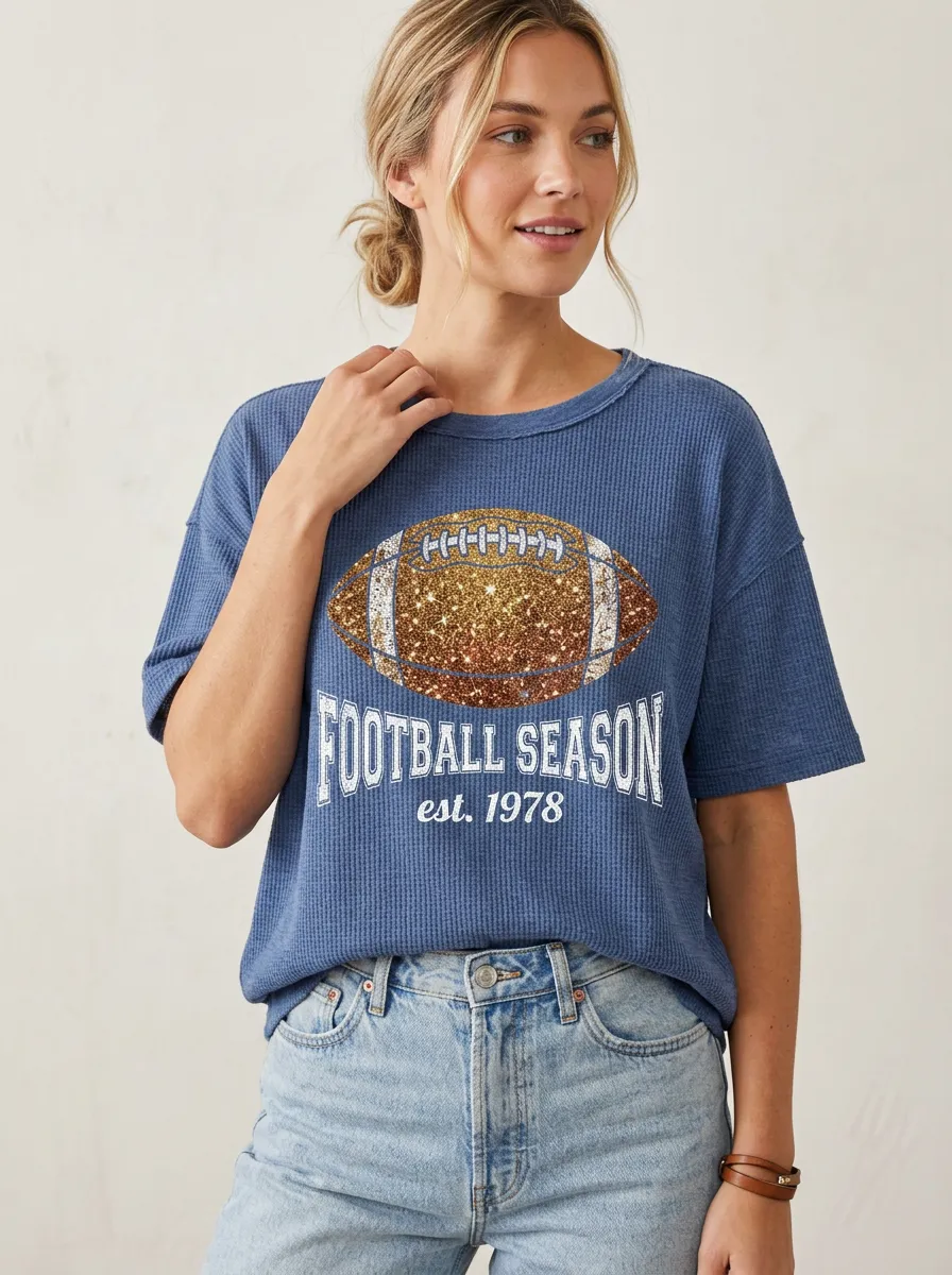 Women's Playbook Inspired Football Ball Sparkle Crew Neck Graphic T-Shirt