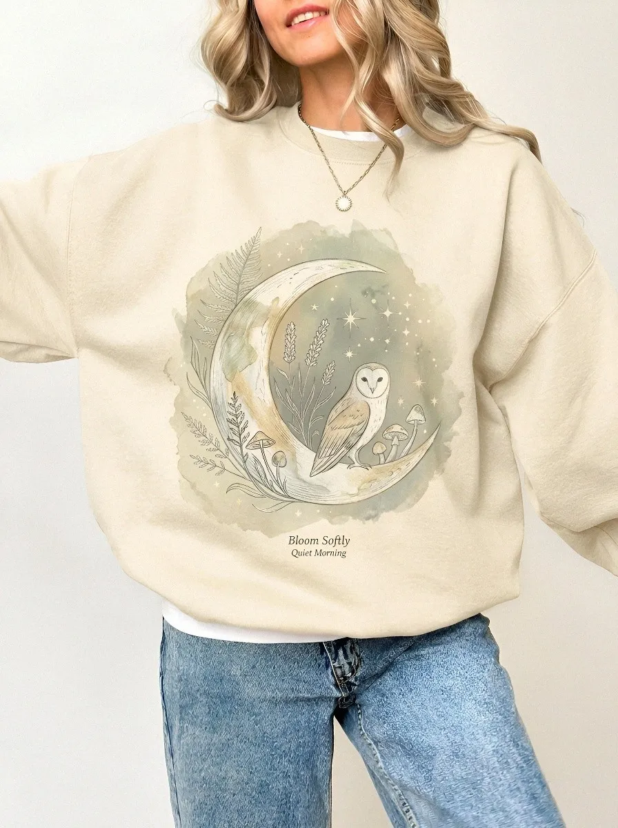 Women's Celestial Owl Moon Mushroom Printed Sweatshirt