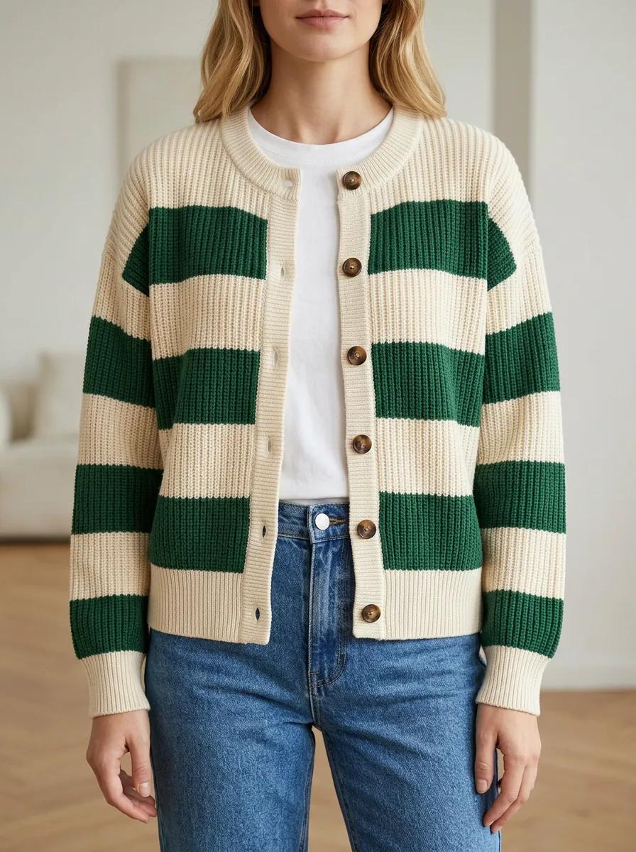 Relaxed Layered Rugby Striped Knit Cardigan