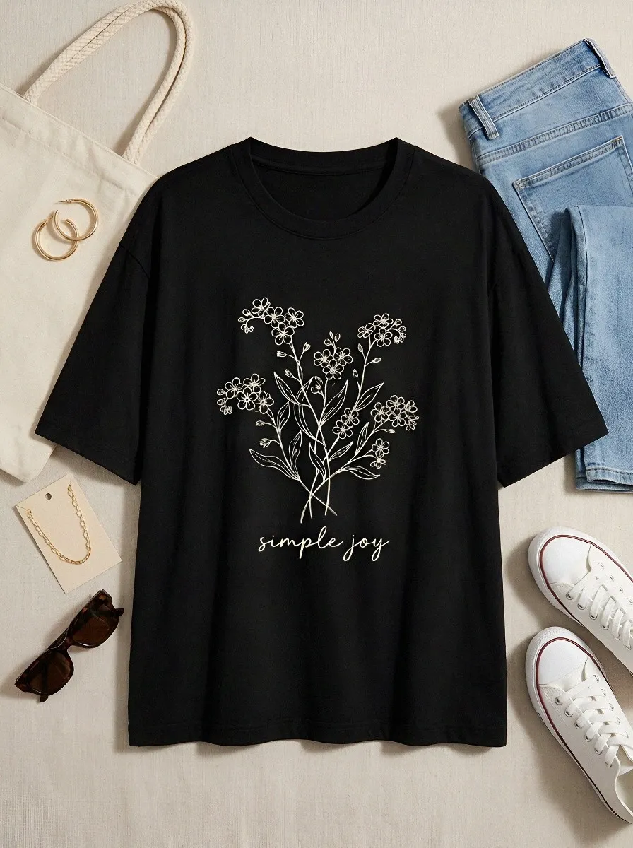 Women's Floral Lover Simple Joy Line Art Printed T-shirt