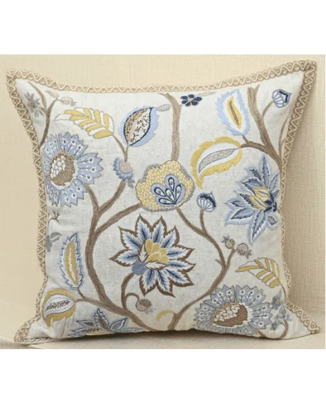 Artisan Embroidered Botanical Cotton Decorative Cushion Cover