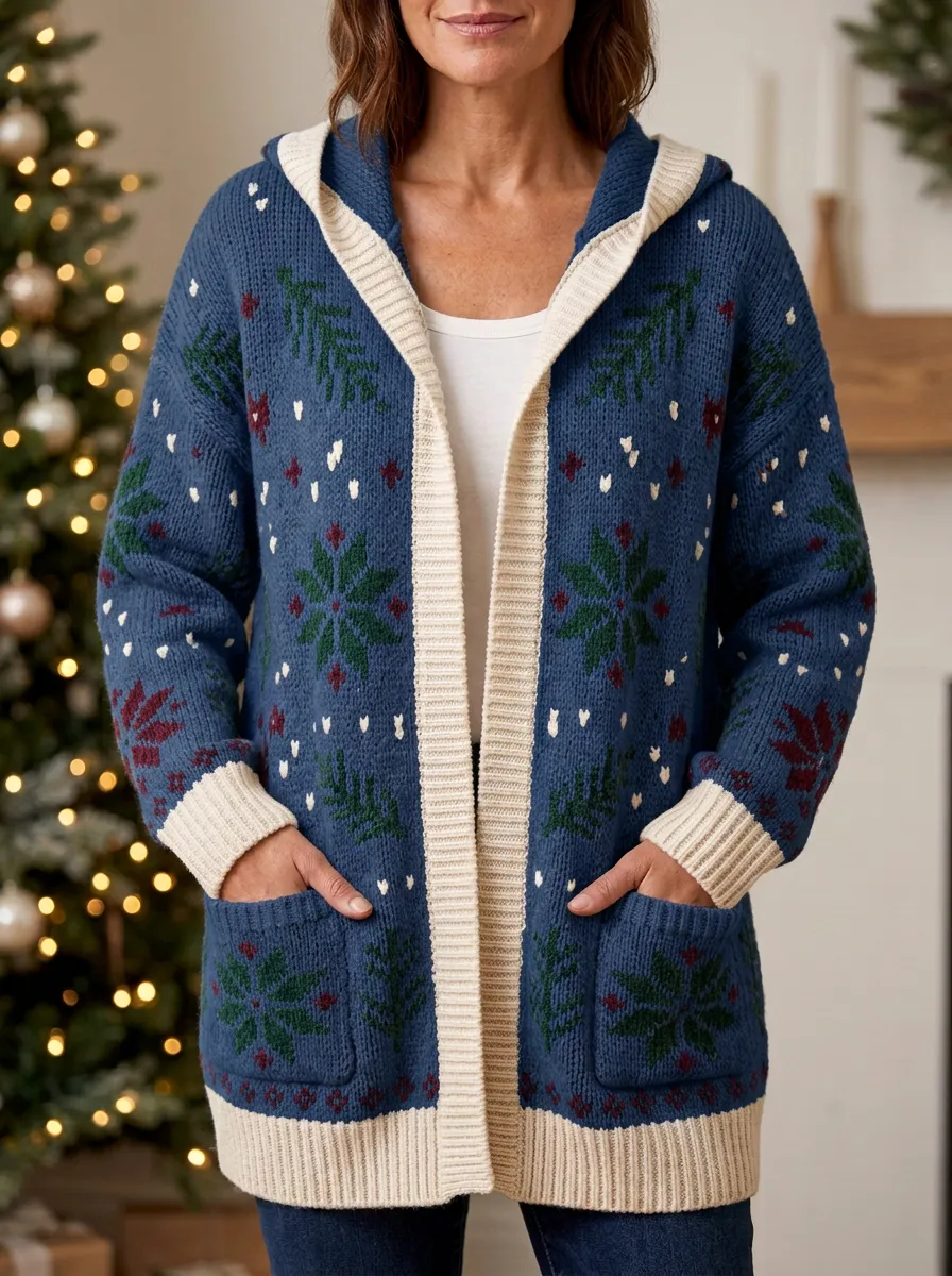 Christmas Snowflake Pine Tree Pattern Print Hooded Cardigan