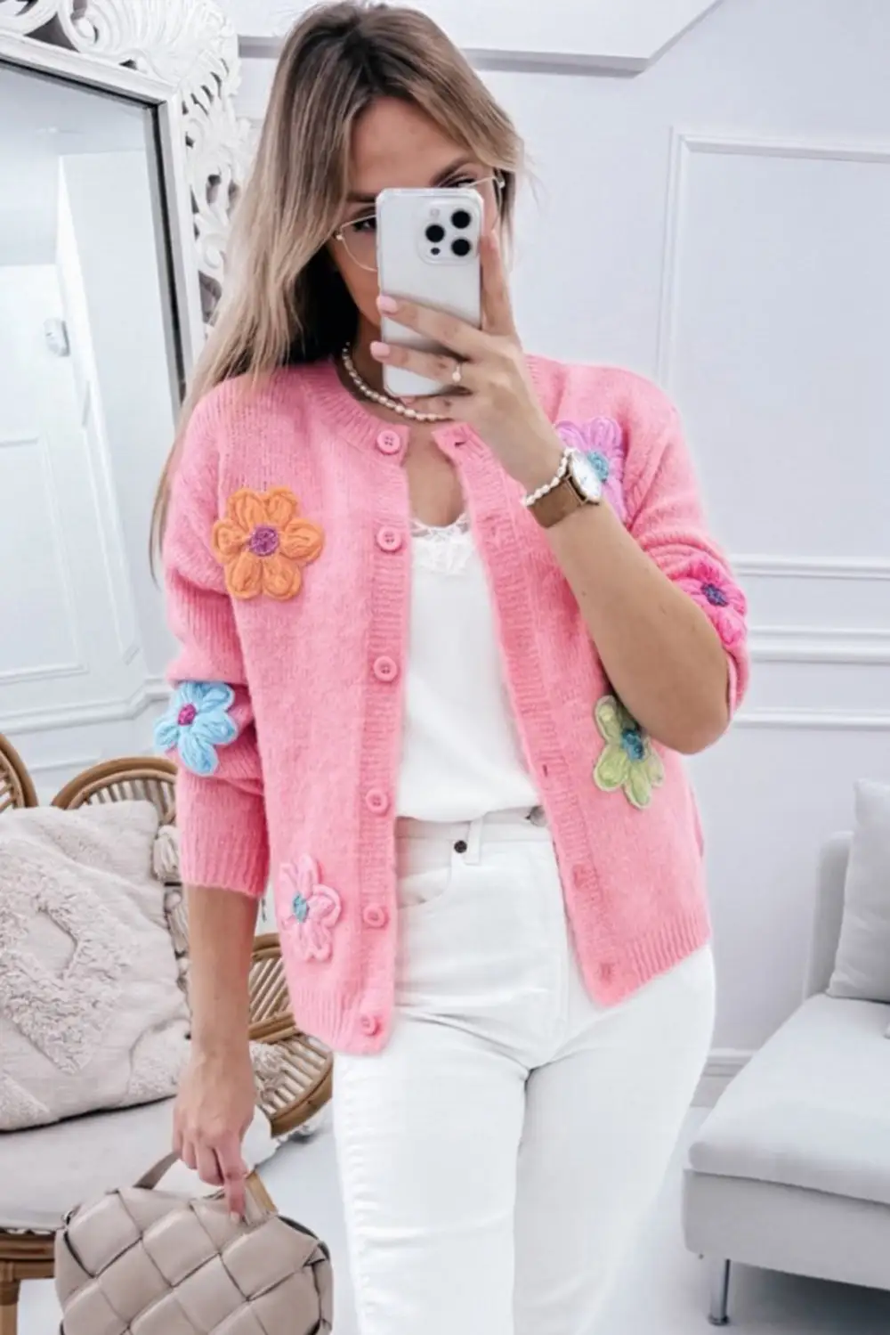 Cute Knit Floral Pattern Button Front Cardigan