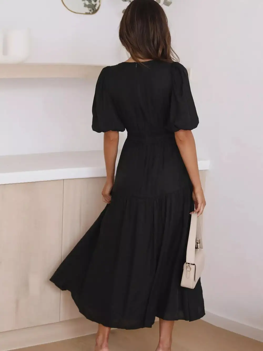 V Neck Puff Sleeve Midi Dress