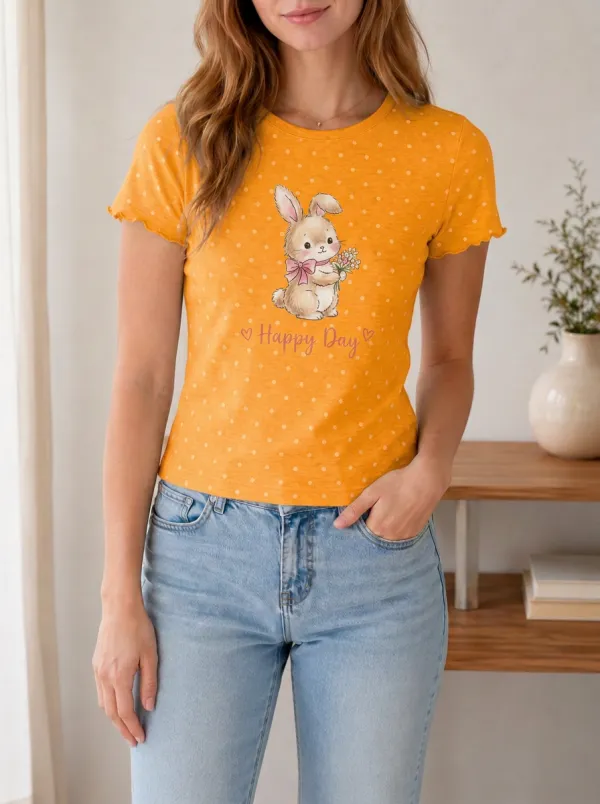 Women's Cute Bunny Flower Happy Day Printed T-shirt