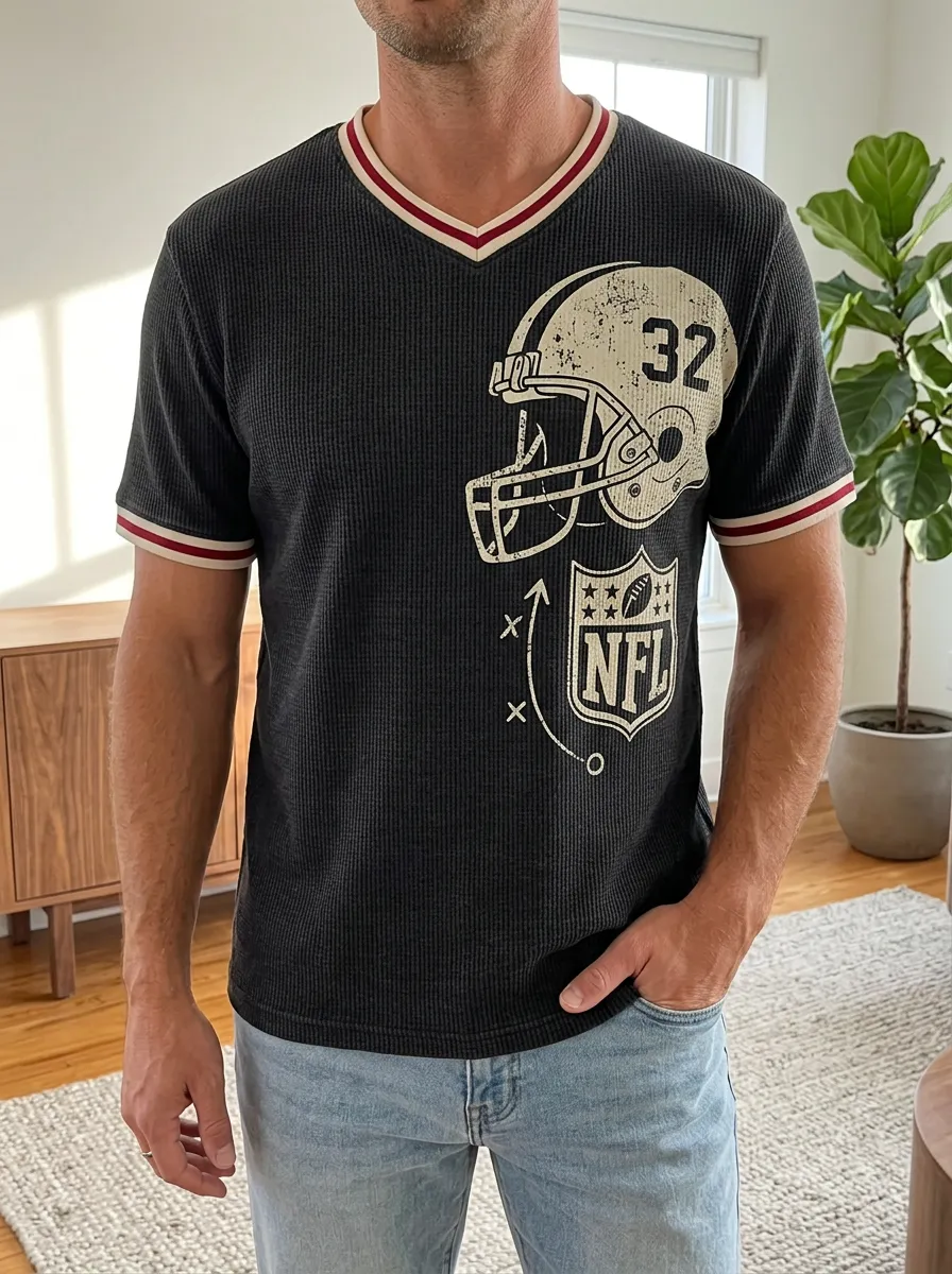 Men's Football Fan Helmet 32 Printed Waffle V-Neck Shirt