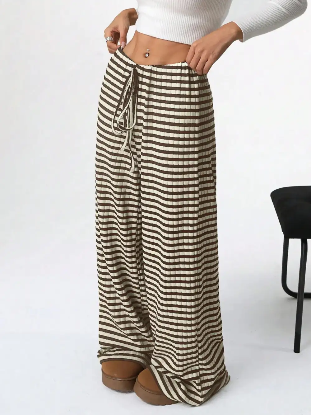 Wide Leg Drawstring Striped Casual Pants