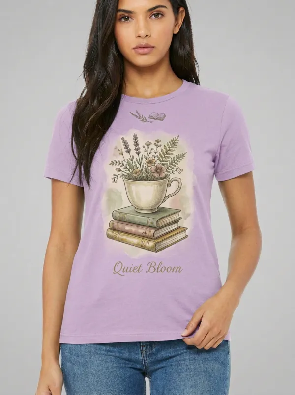 Women's Book Lover Quiet Bloom Floral Teacup Printed T-shirt