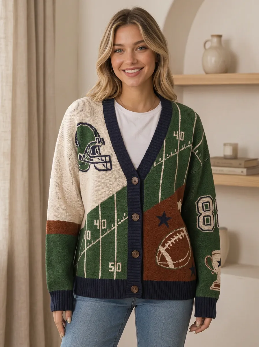 Women's Statement Helmet Football Ball Knitted Cardigan