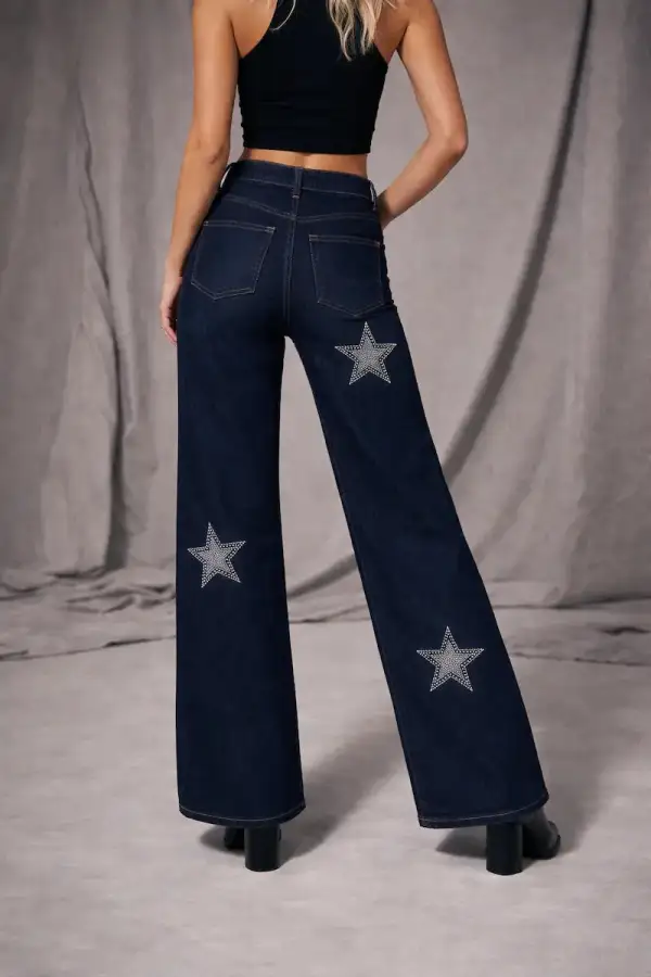 Rhinestone Detail Wide Leg Whiskered Denim Jeans
