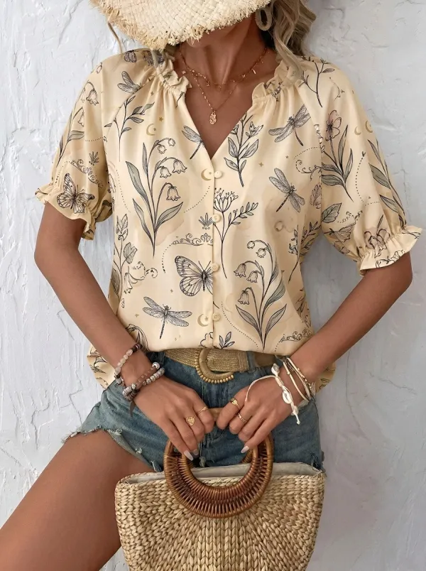 Women's Boho Nature Lover Dragonfly Butterfly Floral Printed Blouse