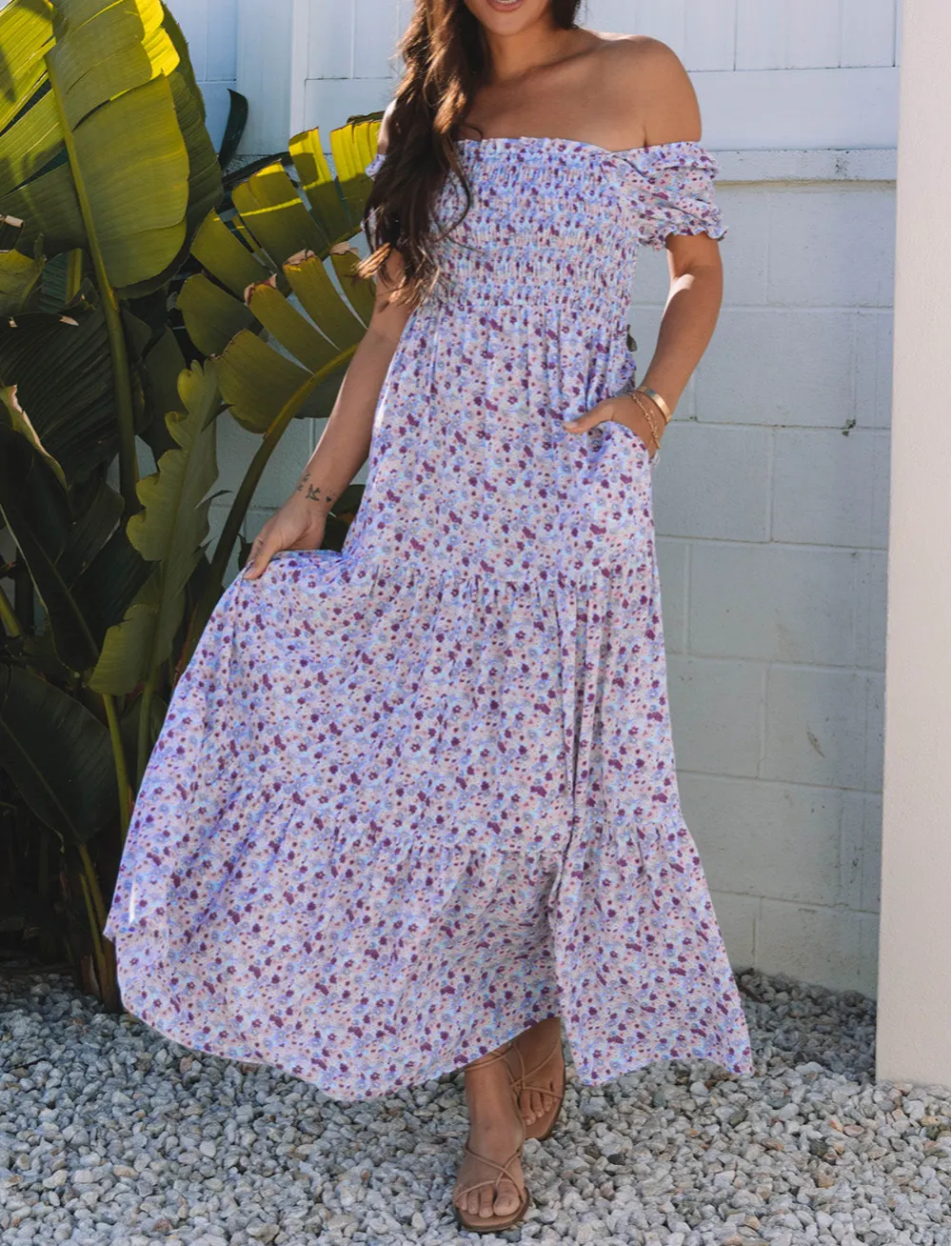 Floral Short Bubble Sleeve Shirred High Waist Maxi Dress Polished
