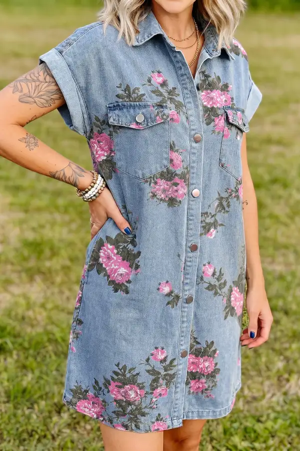 Chic Floral Denim Look Button Front Mini Dress