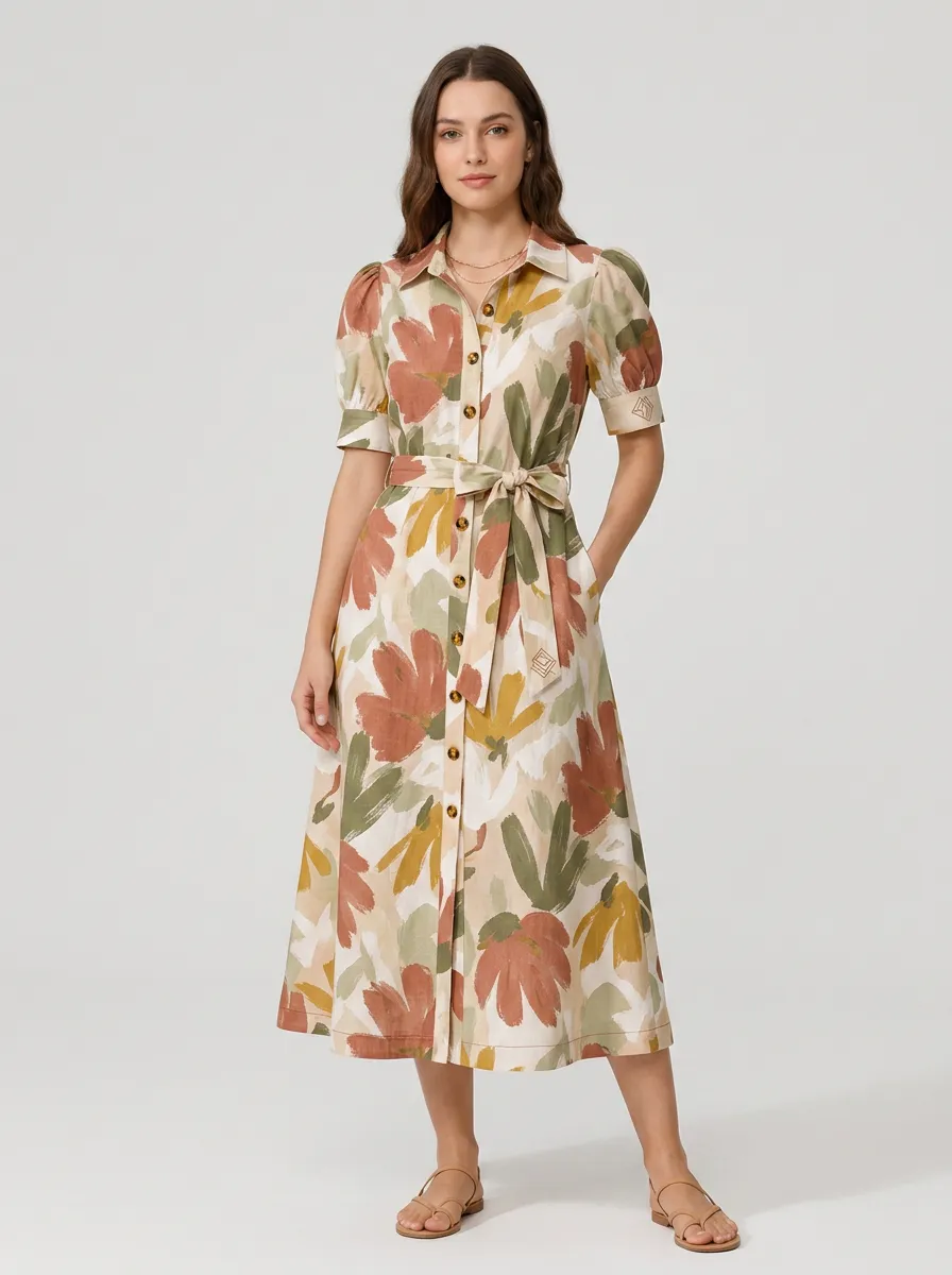 Women's Floral Botanical Abstract Printed Button-down Shirt Dress