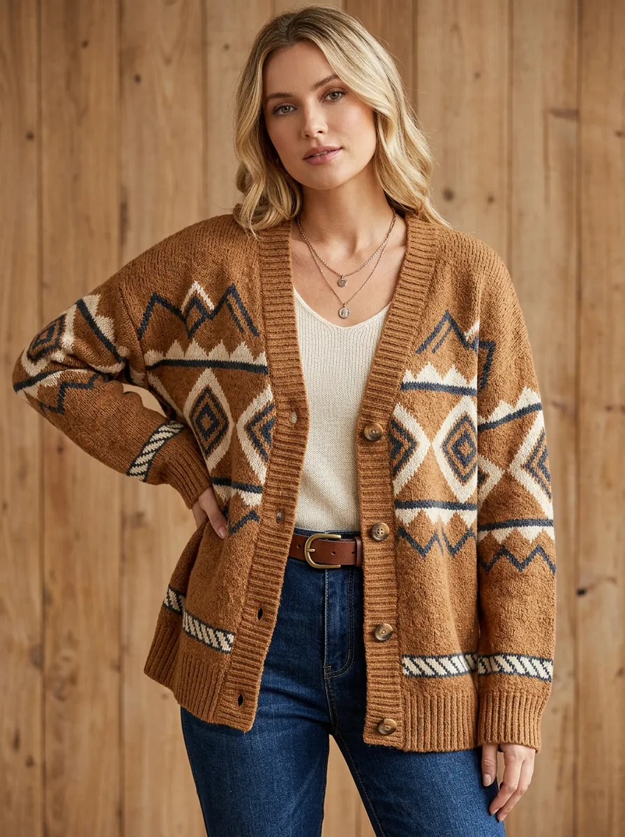 Women's Western B3 Geometric Pattern Printed Cardigan Sweater