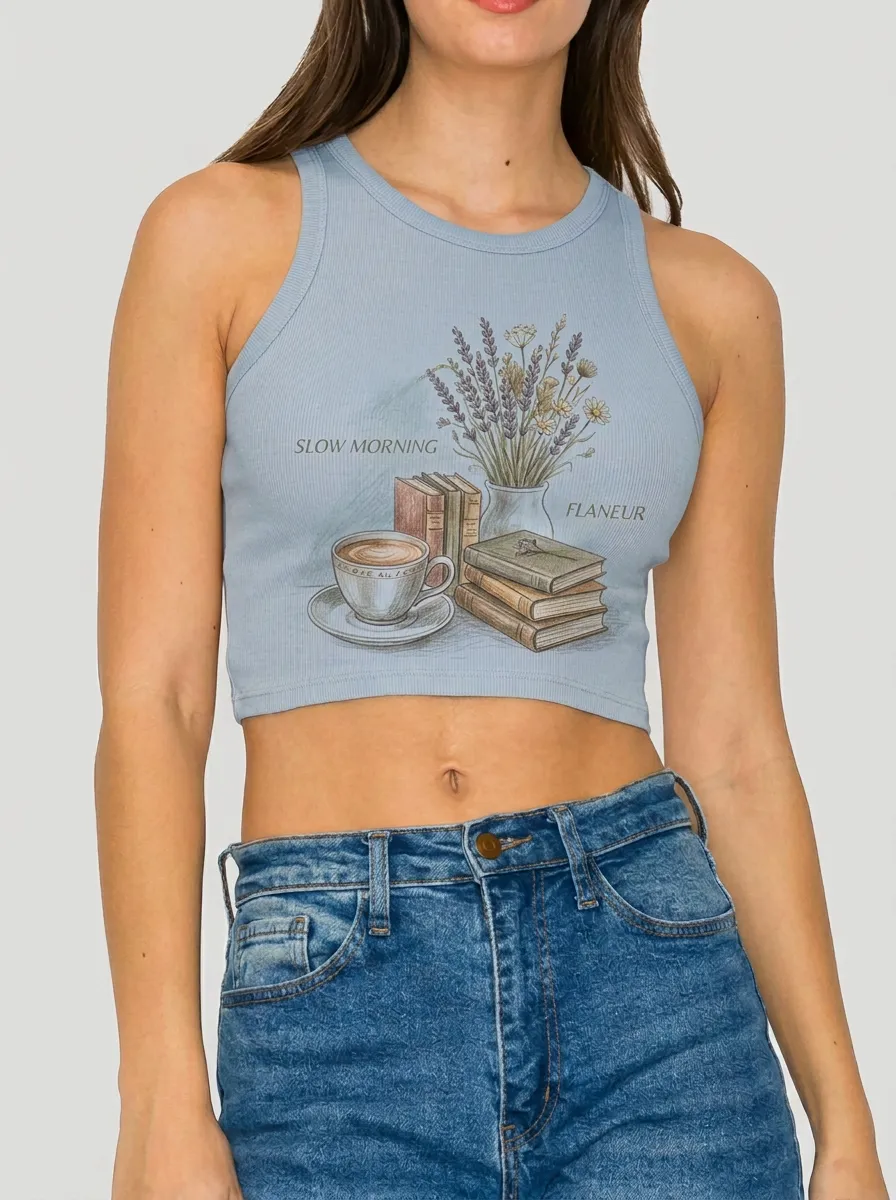 Women's Book Coffee Lover Lavender Printed Crop Top