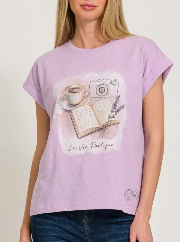 Women's Coffee Book Camera La Vie Poetique Printed T-shirt