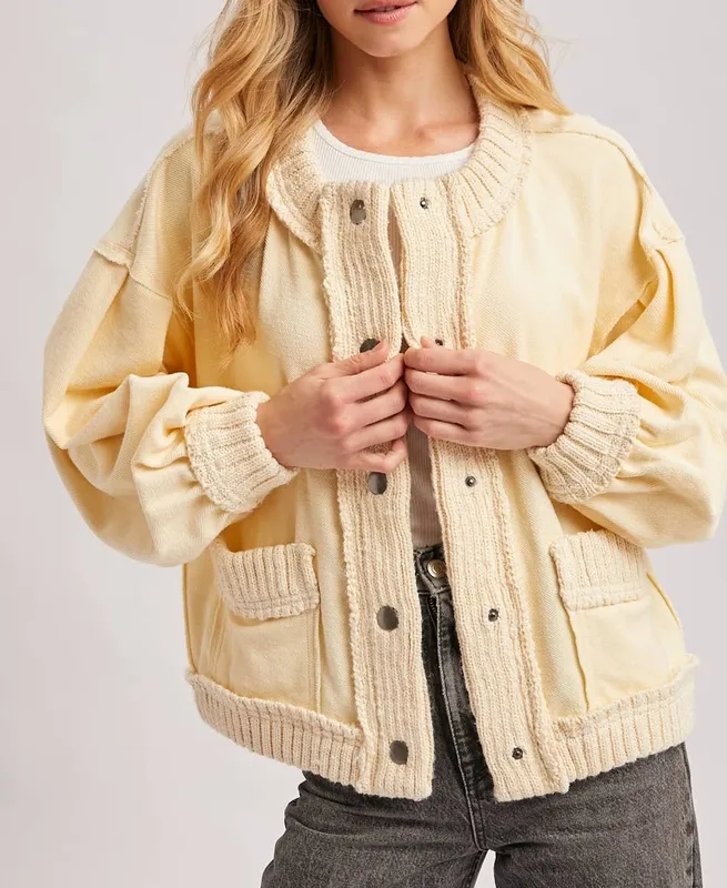 Ribbed Cotton Blend Knit Relaxed Button Down Shirt