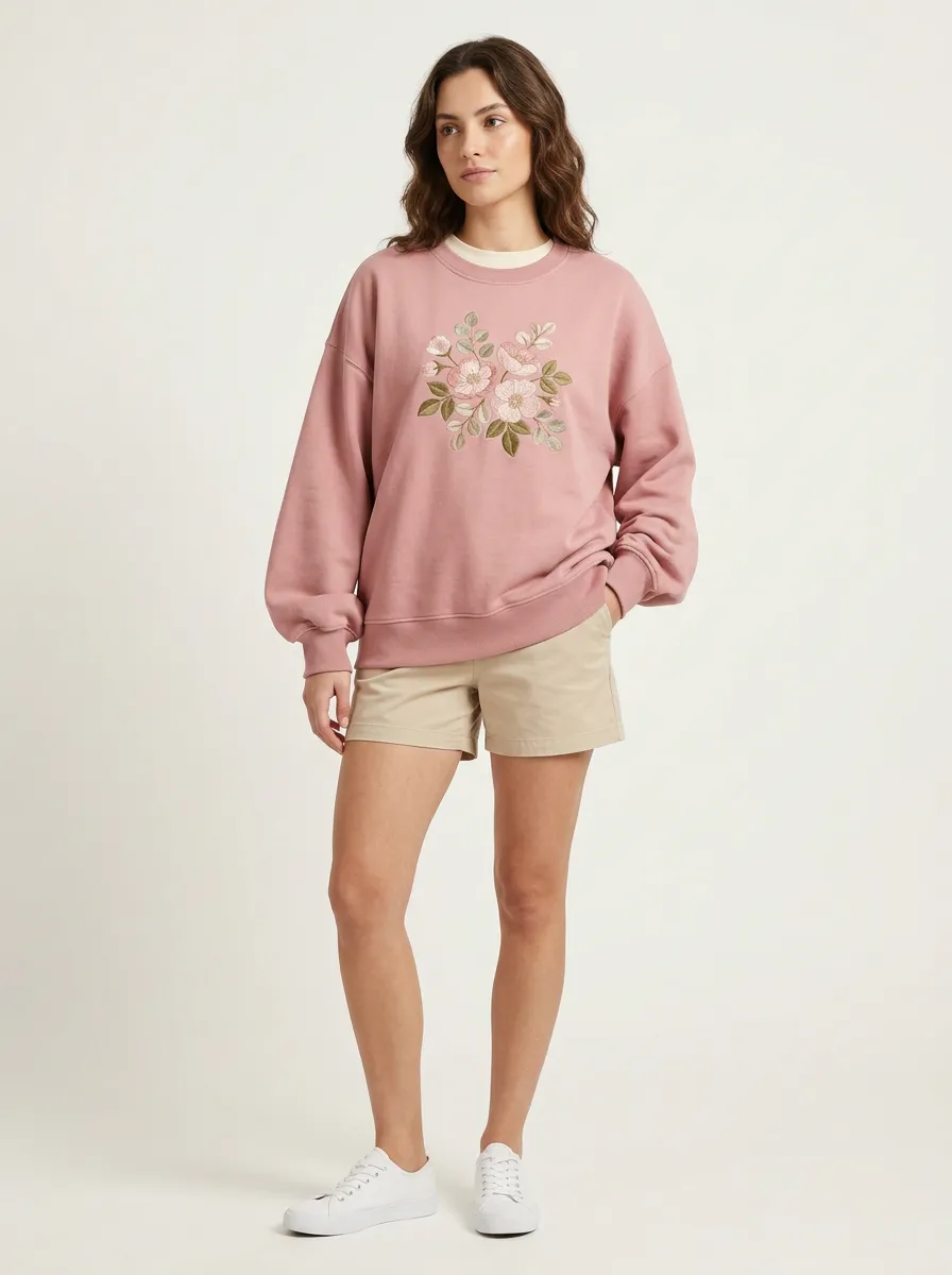 Women's Floral Nature Lover Pink Embroidered Printed Sweatshirt