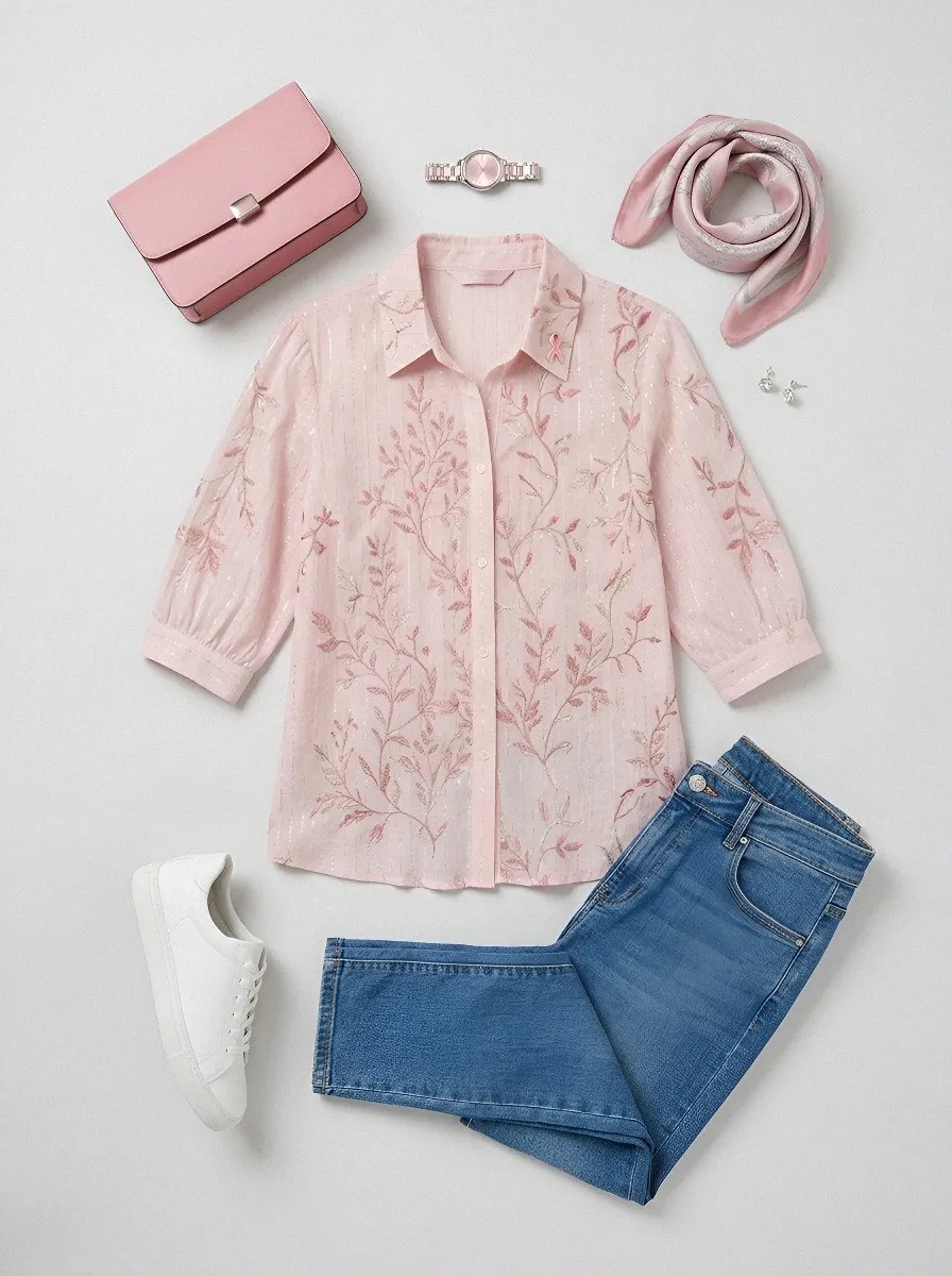 Women's Breast Cancer Awareness Pink Floral Vine Printed Button-Down Shirt