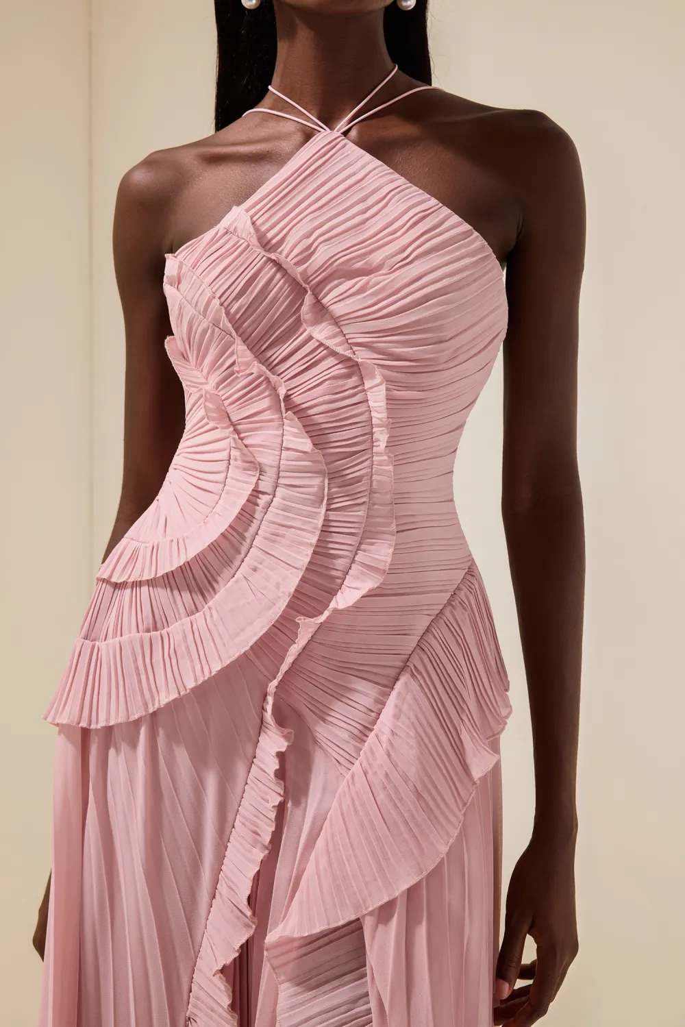 Pleated Frill Halter Neck Midi Dress