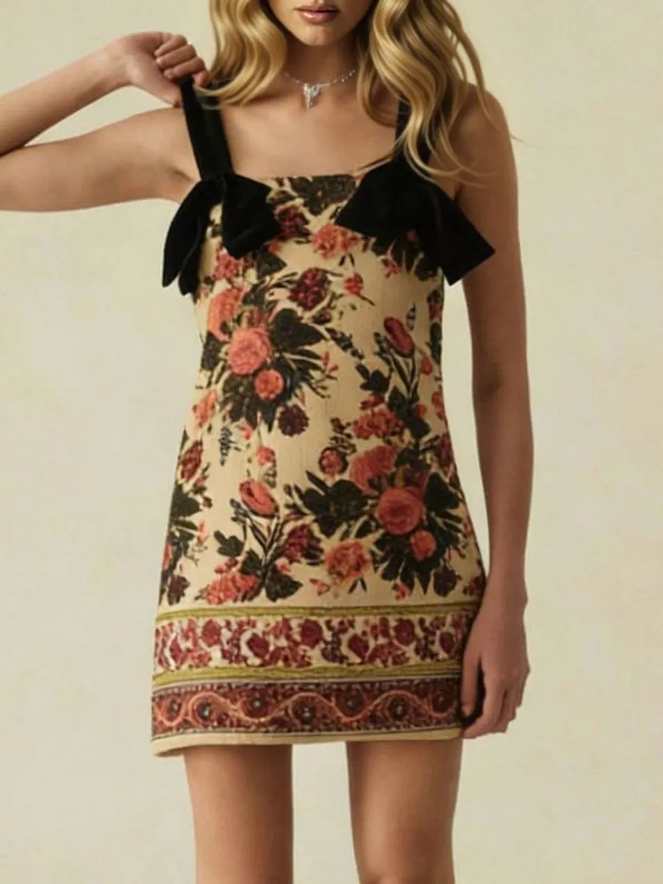 Retro Print Square Neck Bow Mini Dress
