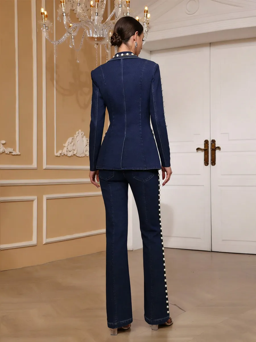 Celestia Pearl-Studded Denim Suit Set